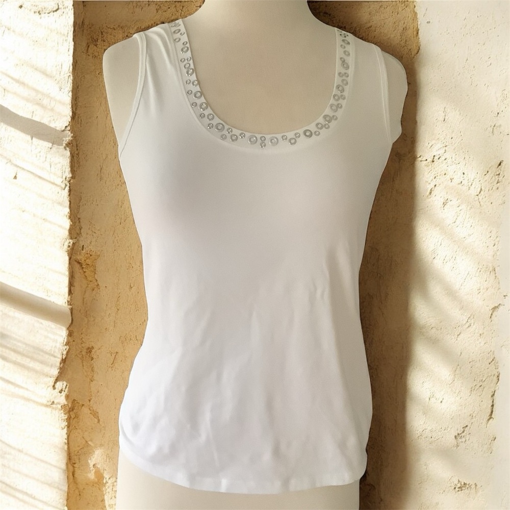 SPANNER White Tank Top with Embellished Neckline